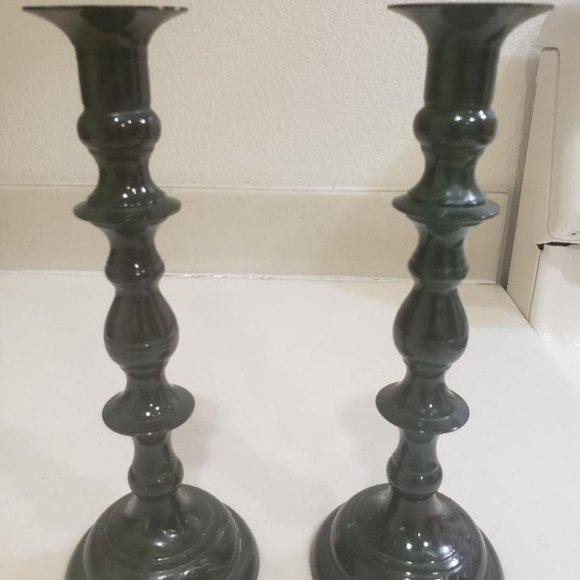 SET OF 2 DARK GREEN 9" METAL CANDLE STICK HOLDERS / MADE IN JAPAN - Picture 8 of 8